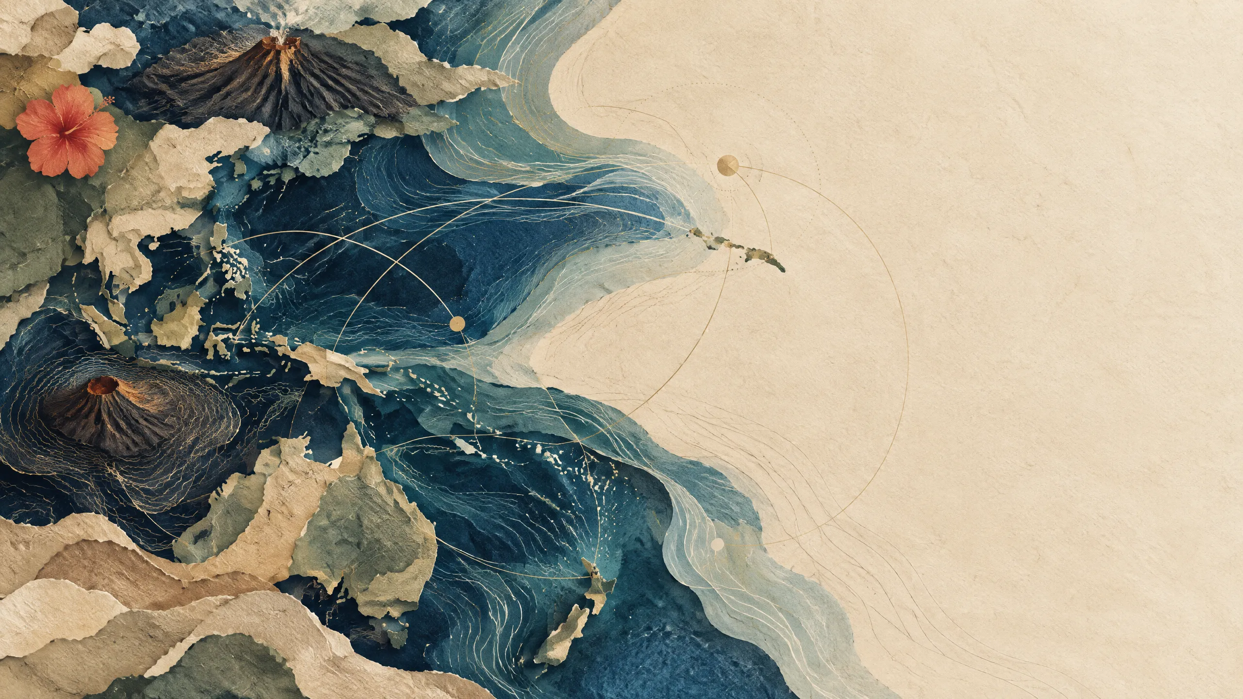 Abstract paper map of currents and connections across the Pacific